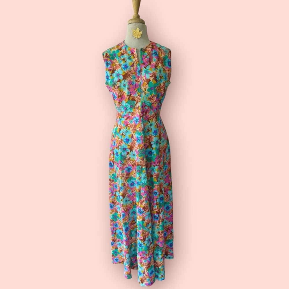 Vtg 1970s It’s Better Hawaiian Floral Maxi Dress Sz M/L Flower Power MoD Tiki